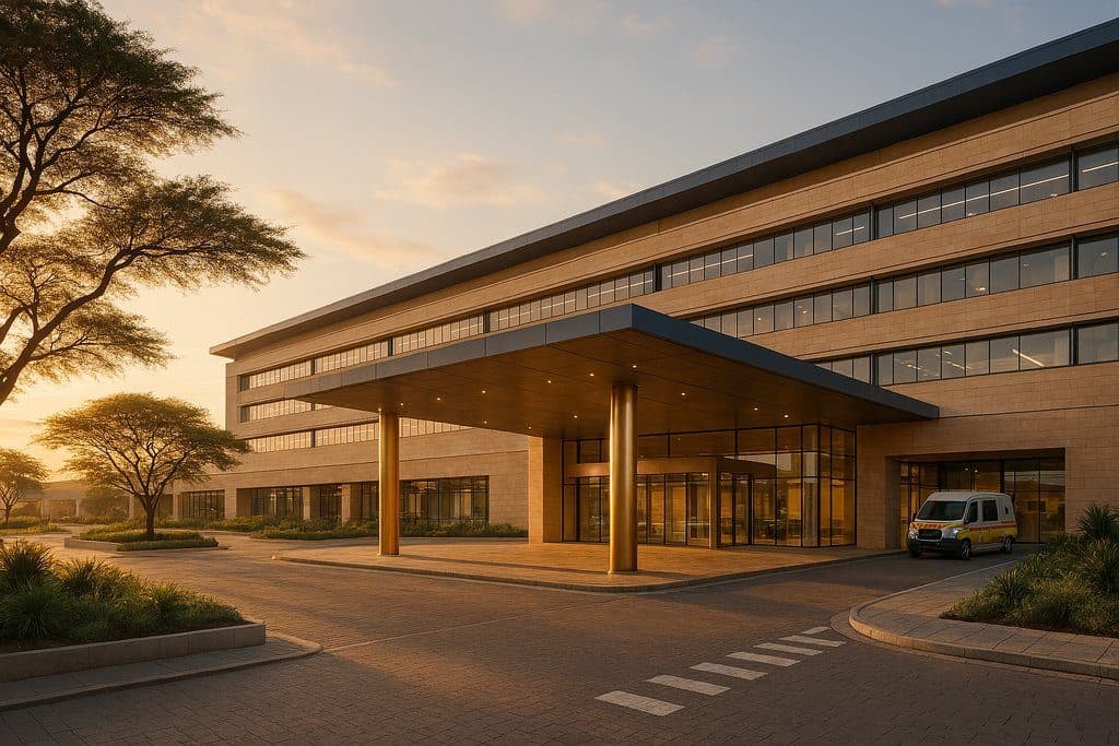 Design concept: the main entrance at sunset, a deep canopy on brass columns over glazed doors, with a paved drop-off and an ambulance bay.