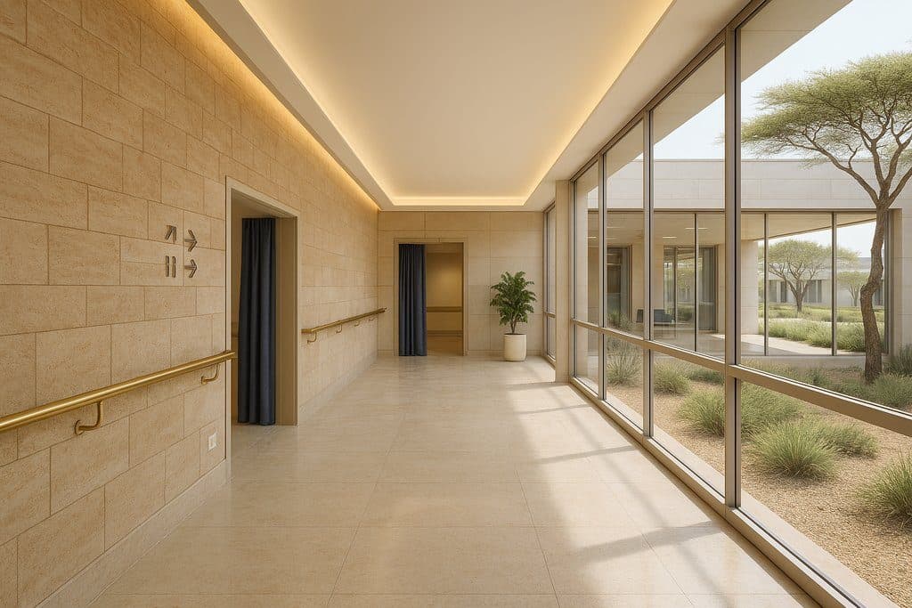 Design concept for a daylit clinical corridor at the TEMCO Specialised General Hospital, a planned 130-bed facility at the Sir Seretse Khama International Airport Special Economic Zone in Gaborone, planned to serve patients from across southern Africa