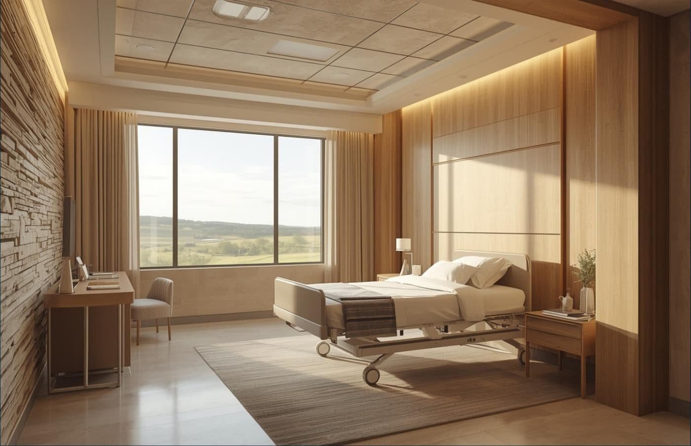 A single inpatient room with a hospital bed, a stone wall and a window onto open country.