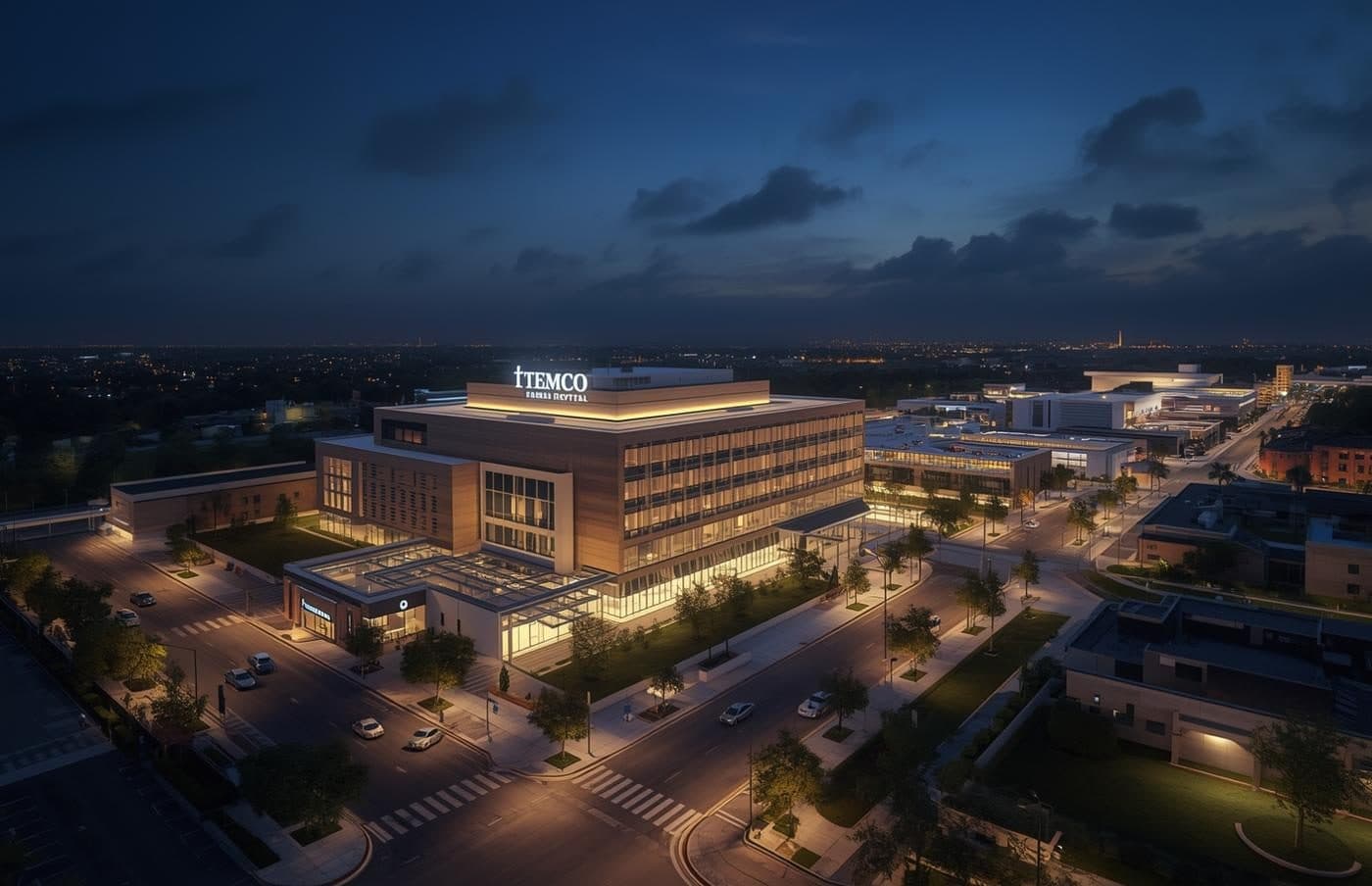 Indicative architectural design concept of the planned TEMCO precinct at the SSKIA SEZ, viewed at twilight. Not a photograph of a built facility. Opening 2029.