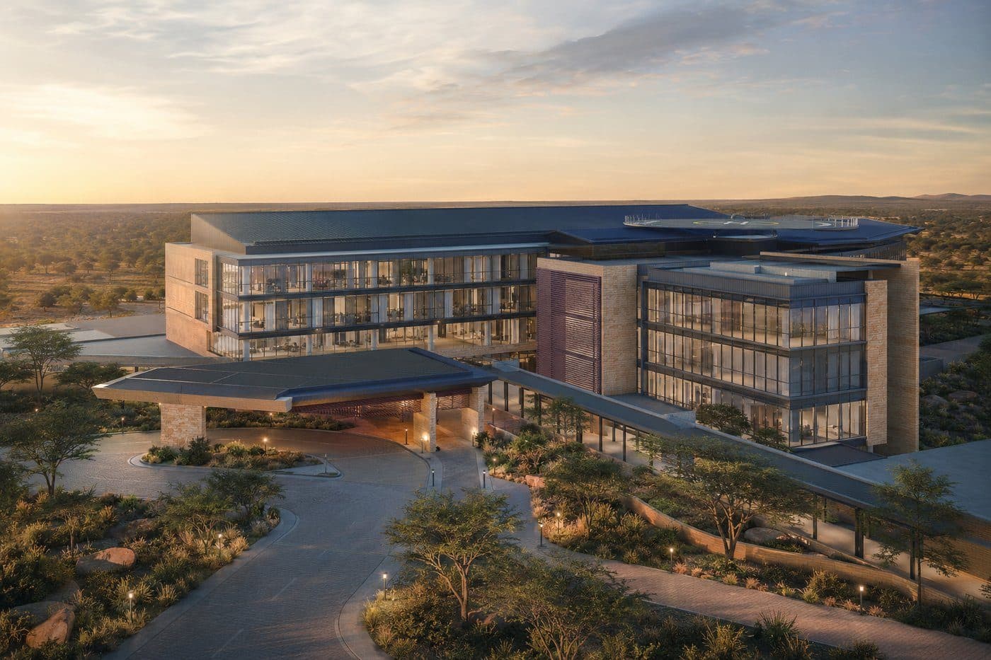 Indicative architectural design concept of the planned TEMCO hospital precinct, latest iteration. Illustrative only, of a facility yet to be built. Opening 2028.