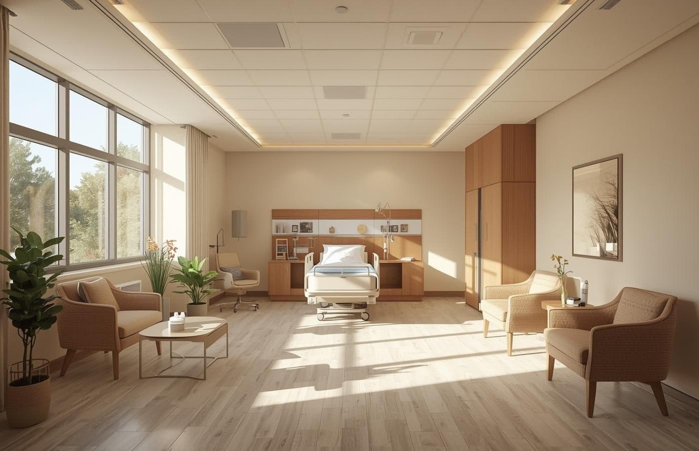 Indicative interior design concept of a planned TEMCO patient room. An illustrative concept of a space that has yet to be built. Opening 2028.