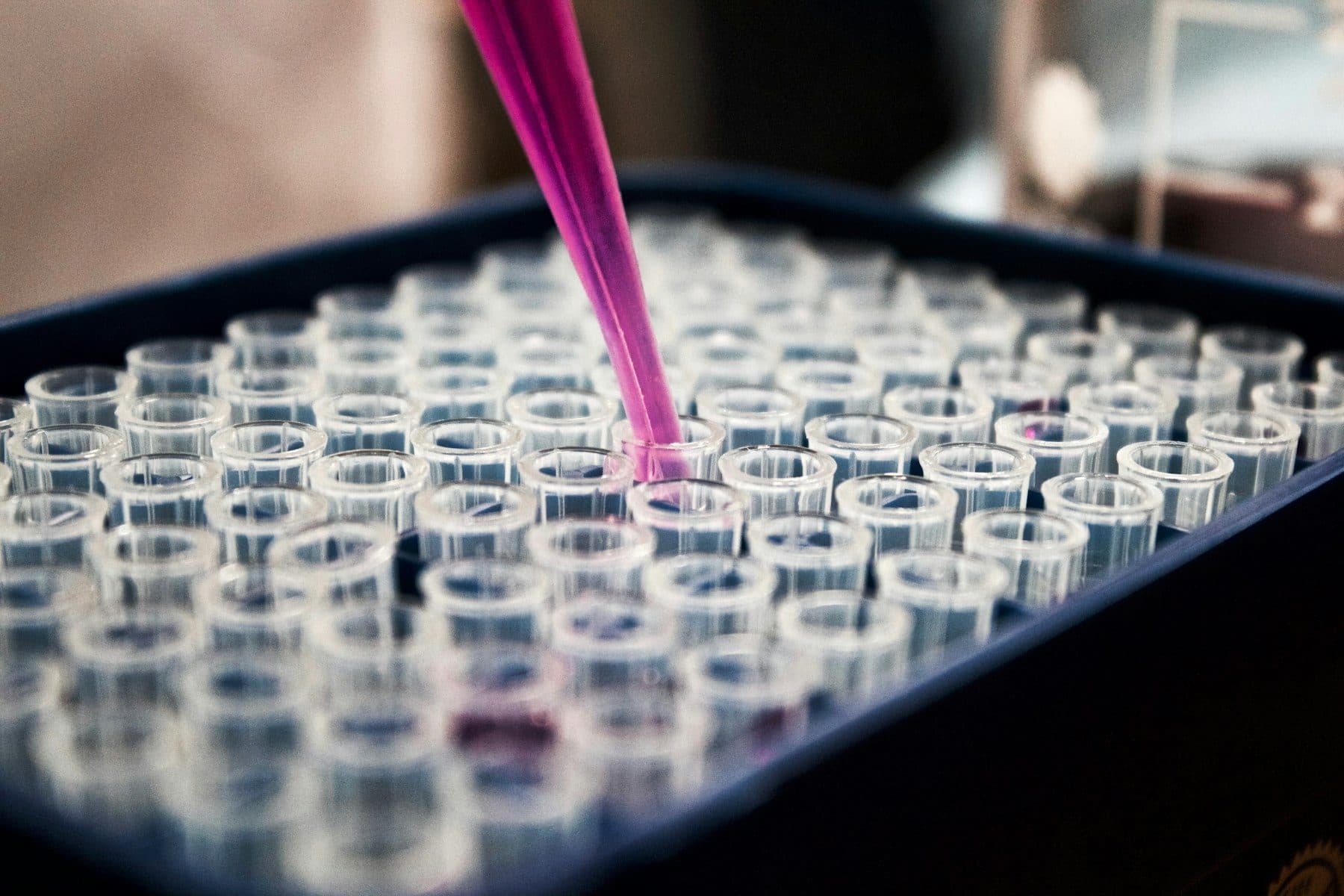 A pipette dispensing into a tray of clear sample tubes.